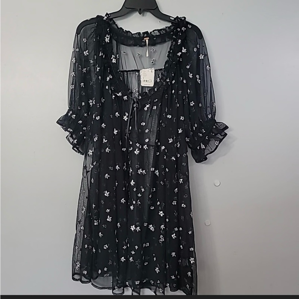 Free People Black Sheer Dress with White floral pattern